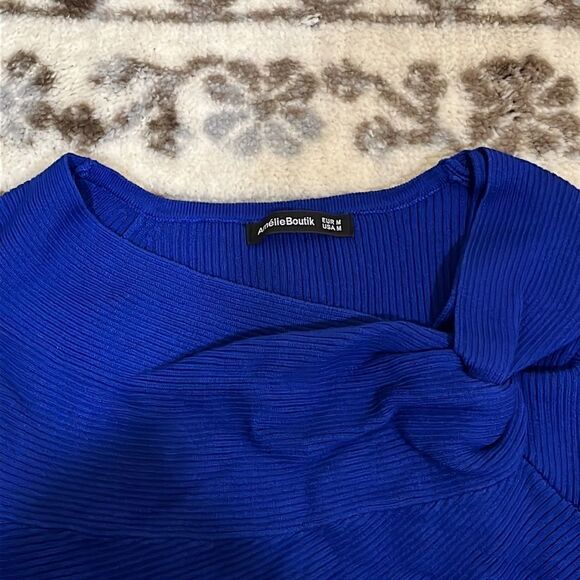 AmélieBoutik Women Asymmetric Twist Knot Neckline Ribbed Sweater - Picture 6 of 9
